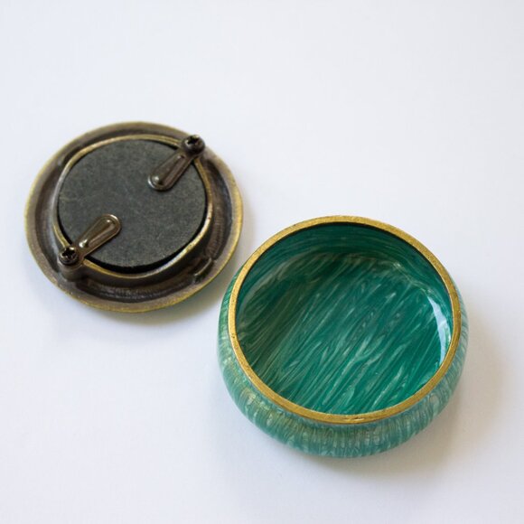 Tiny Trinket Box, small 2" brass and enamel teal jeweled picture box, locket tin - Picture 4 of 7